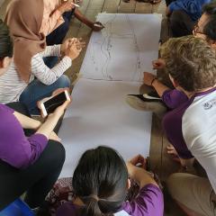 A group of UQ students and community members are seated on the floor creating a map of the local community